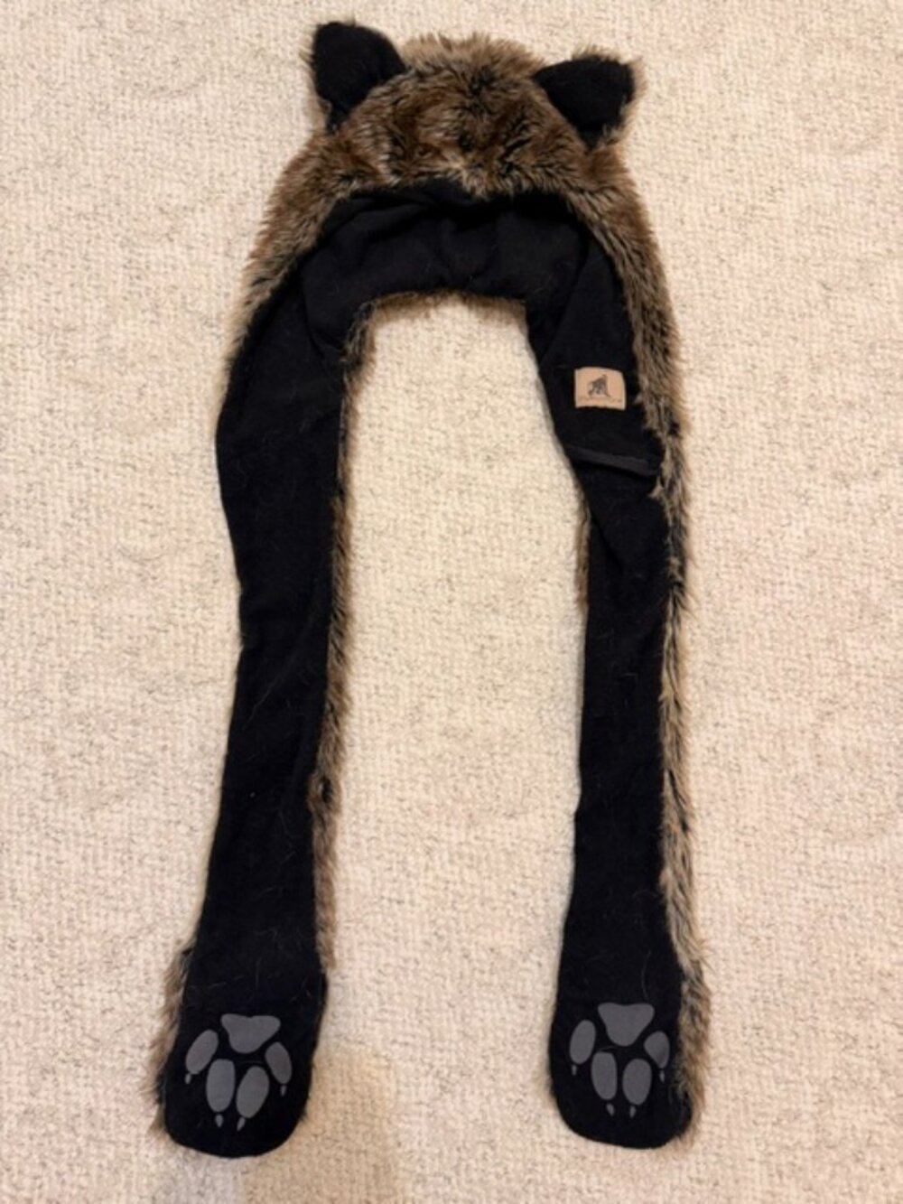 Animal Hooded Scarf faux fur with paws& tail Brown & black